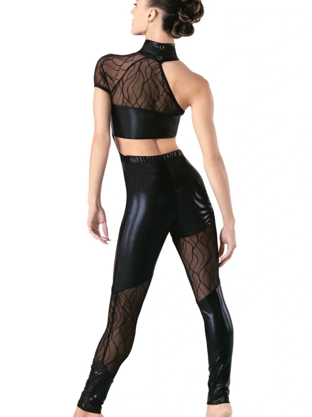 Revolution/Tenth House “Transit” Black One-Shoulder Cutout Mesh-Panel Unitard